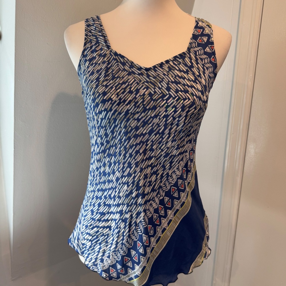 NIC+ZOE‎ 100% Silk Blue Geometric Print Tank Top Chic | Size PP Petite